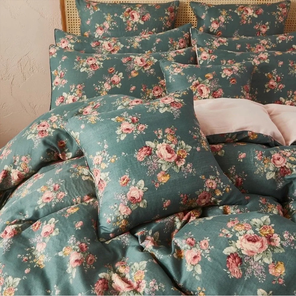NEW Anthro Green & Pink Floral Muslin Cotton Boho Queen / King Bedding Duvet Set